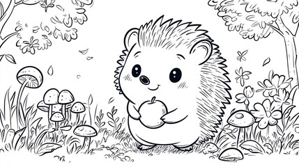 Coloring page, Cheerful cartoon hedgehog holding an apple, standing in a whimsical woodland environment with trees and mushrooms.