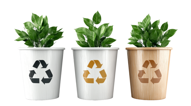 Three stylish plant pots featuring recycling symbols, ideal for eco-friendly decor and sustainable living.