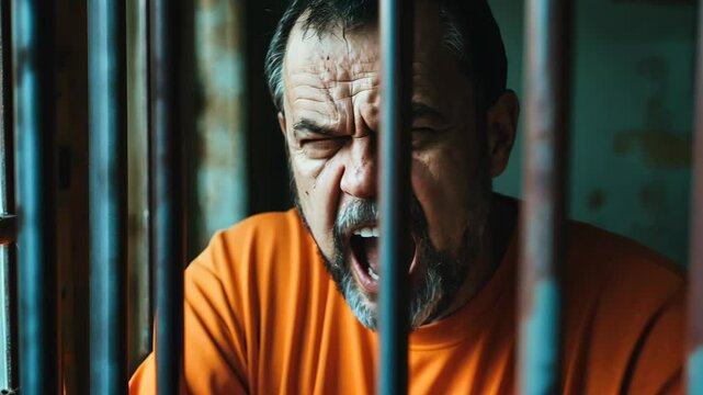In a prison cell with a worried expression on the face of a man in orange clothes, a crazy screaming criminal prisoner