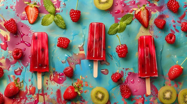 Crisp redberries with vibrant fruit popsicles on a colorful vibrant background