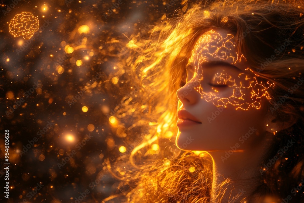 Poster autonomous neural synchronization artistic rendering of a woman with her brain illuminated by golden