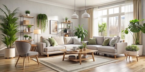 Obraz premium Soft gray sofas wrap around gleaming wooden coffee tables, flanked by potted greenery and floor lamps casting warm