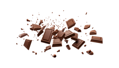 Falling chocolate pieces on a white background, perfect for confectionery, desserts, food product designs, and indulgent advertising campaigns