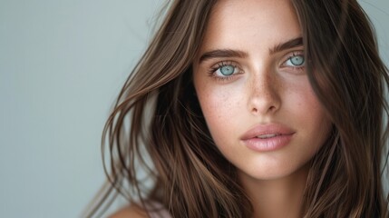 Naklejka premium Close-up portrait of a young woman with long dark hair. Concept of improving hair appearance, revealing femininity and attractiveness, developing hairdressing business
