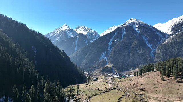 An Aerial FPV Shot of Aru Valley at Pahalgam in Kashmir, India
