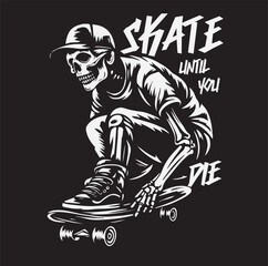 Vintage monochrome illustration of a skull playing skateboard