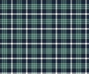 Plaid fabric pattern, navy, green, white, seamless for textile and design clothes skirt pants apron tablecloth blanket or decoration. Vector illustration.
