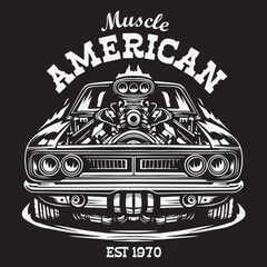 Vintage monochrome illustration of the front of an american muscle car
