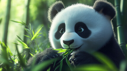 Obraz premium A close-up of a panda eating bamboo in a tranquil bamboo forest, showcasing its gentle expression.