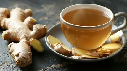 Fototapeta premium Cup of ginger herbal tea with uncooked root on the table