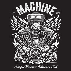 Vintage monochrome illustration of a winged motorcycle engine