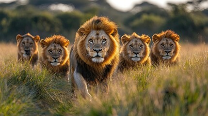 Powerful Male Lion Leading a Group Through Sunlit Grasslands, Capturing Majestic Wildlife