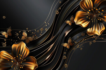 3d mural wallpaper for wall .abstract black background with golden flowers lines and butterfly .Fit for interior home decor or wall frame


