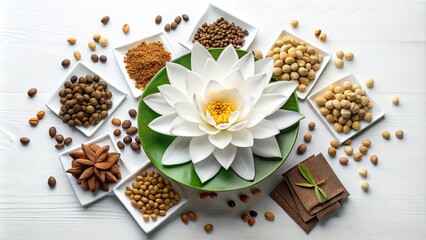 Fototapeta premium Soft white petals surround elegant white lotus flowers, amidst scattered dark-colored pet food coupons, creating a
