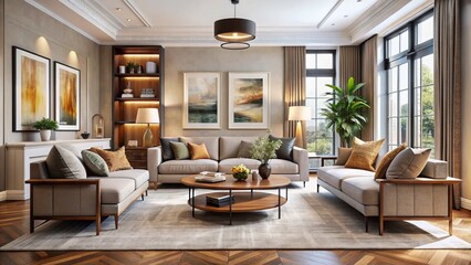 Fototapeta premium Sophisticated design elements, from plush upholstery to striking artwork, come together in this elegant abode,