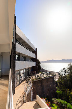 View from balcony of luxury room of modern hotel on the Mediterranean Sea in Al Hoceima, Morocco