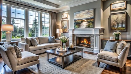 Sophisticated living room in Springbank boasts a warm, welcoming atmosphere with a crackling fireplace, elegant