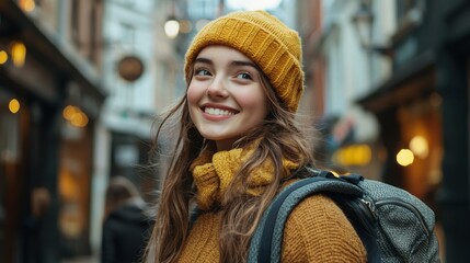 Fototapeta premium Young Woman with Yellow Beanie and Backpack Smiling in City - smile