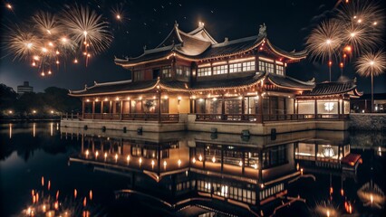 Fototapeta premium Chinese New Year with Lanterns, Sparks, and Lake Reflections. Perfect for: Chinese New Year, Traditional Celebrations
