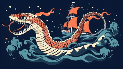 Mythical Sea Serpent Chasing Sailing Ship at Night
