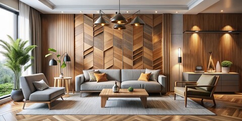 * Stunning design elements converge in this vibrant living room, featuring stylish wooden wall paneling and bold