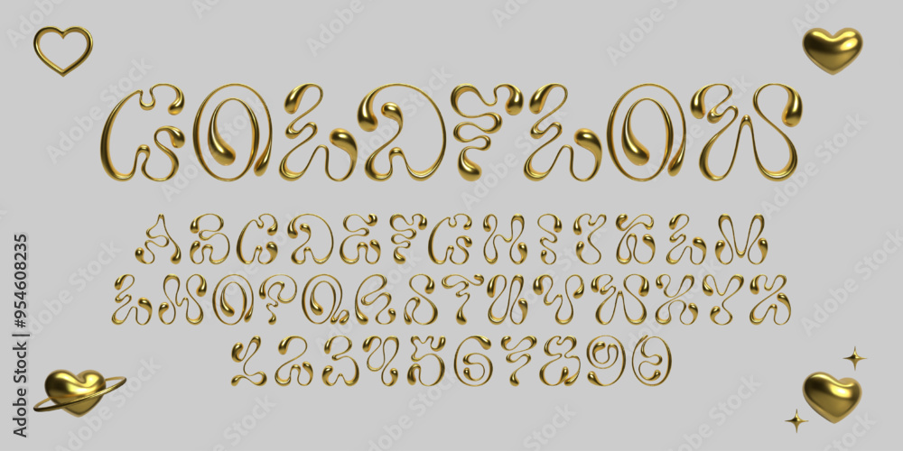 Poster 3d gold fluid font with abstract wavy shapes, glossy shiny surface. liquid metal golden alphabet let