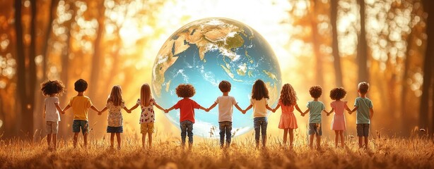 children holding hands in front of a globe