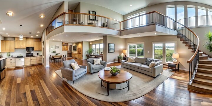 Stunning split-level home boasts expansive open floor plan, modern furnishings, and unobstructed views, creating a
