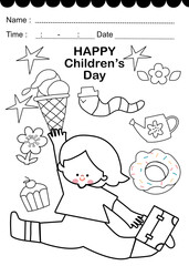 coloring book with kids, The girl is watering plants in the garden color ing page vector, Drawn vector cute girl in the garden for summer, element in the garden	
