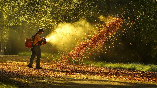 man blowing leaves with a leaf blower on the road