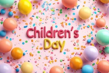 Fototapeta premium 3d text Childrens Day surrounded colorful balloons