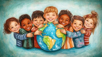 smiling children holding globe