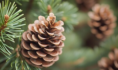 Fototapeta premium several pine cones on the branches of an evergreen tree in a natural outdoor setting, Generative AI