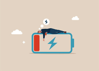 Businessman with low battery. Burnout, overload. Fight burnout at work. Modern flat vector illustration.