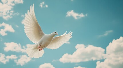 Fototapeta premium A white dove flying against a blue sky, representing peace and hope around the world