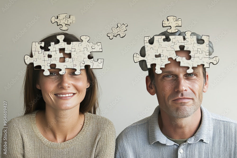 Aufkleber experimental empathy circuits a man and woman with puzzle pieces forming their brains symbolizing th