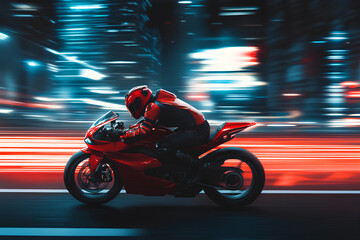 Fototapeta premium red motorbike rider at high speed along a highway, cyberpunk city, A motorcyclist rides a red sport bike down a city street, 3d rendering AI generative