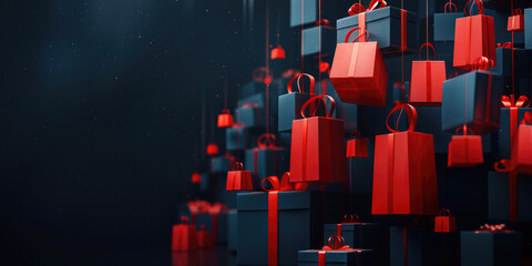 Vibrant gift boxes with red ribbons float in the air against a dark backdrop, perfect for black friday promos and holiday vibes. Ideal for online marketing with festive 3d design