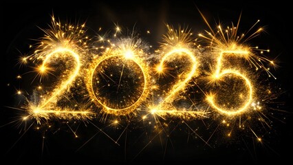 New Year 2025 Banner with Gold Sparkler on Black. Perfect for: New Year, Global celebrations, Holiday events