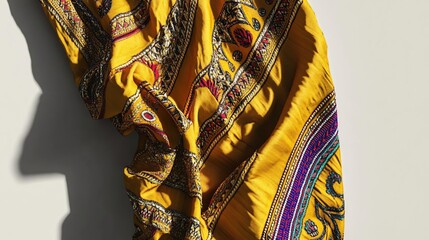 A vibrant yellow fabric with intricate patterns draped elegantly.