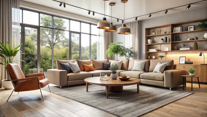 Fototapeta premium The contemporary home boasts a stylish yet incomplete aesthetic, featuring high-end furniture alongside neutral accents