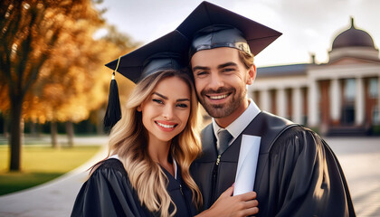 Fototapeta premium Graduates Embracing in Celebration of Achievement
