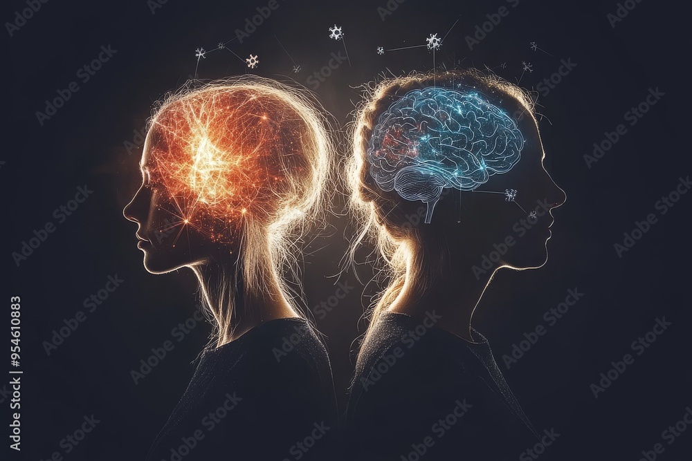 Poster attentive empathy circuits dual faced profile with contrasting glowing brain colors symbolizing the 