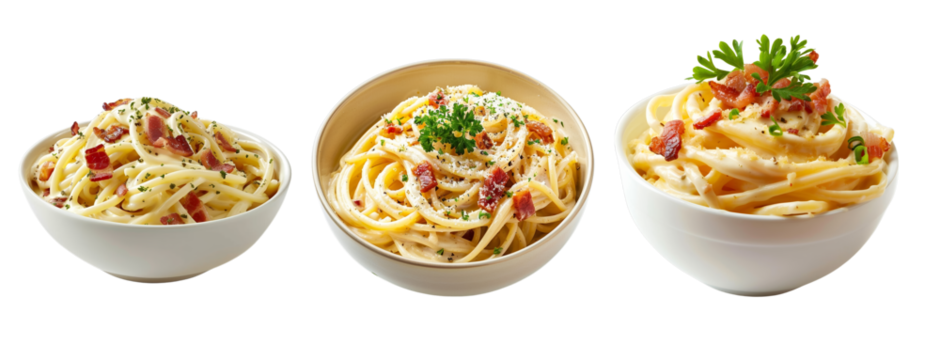 Delicious pasta bowls featuring creamy carbonara, Alfredo, and traditional spaghetti, garnished for a tempting presentation.