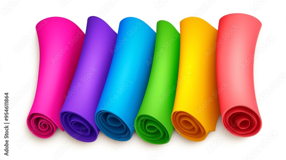 Poster a row of colorful fabric rolls, each with a different color. the rolls are arranged in a line, with 