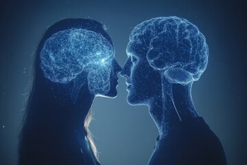 Methodical Empathy circuits Silhouettes of a couple with glowing brains symbolizing the deep connection and shared thoughts between them in a serene illuminated environment