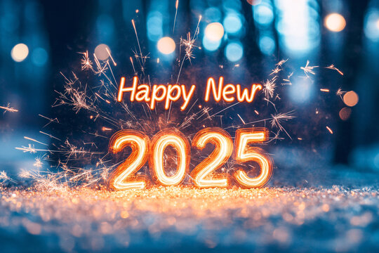 "Happy New Year 2025" written in glowing letters with sparklers illuminating a festive night scene