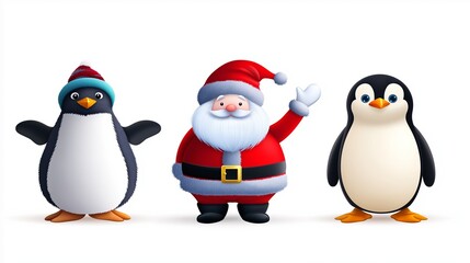 Fototapeta premium Three penguins are standing in front of a Santa Claus. The penguins are wearing hats and the Santa is waving. The image has a cheerful and festive mood