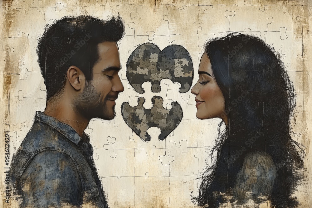 Poster systematic empathy circuits artistic depiction of a couple with puzzle pieces forming their faces sy