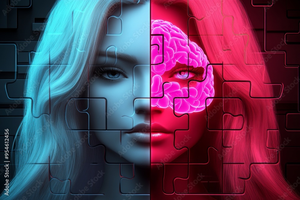 Poster calculative empathy circuits dual faced profile of a woman with contrasting colors symbolizing the d